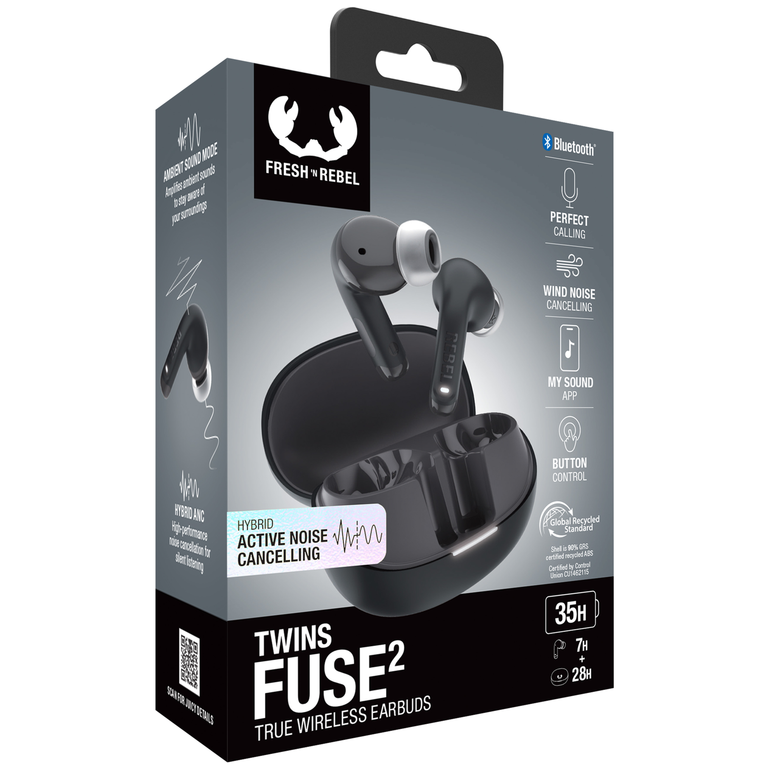 Fresh 'n Rebel Twins Fuse2 earbuds packaging with earbuds and charging case.
