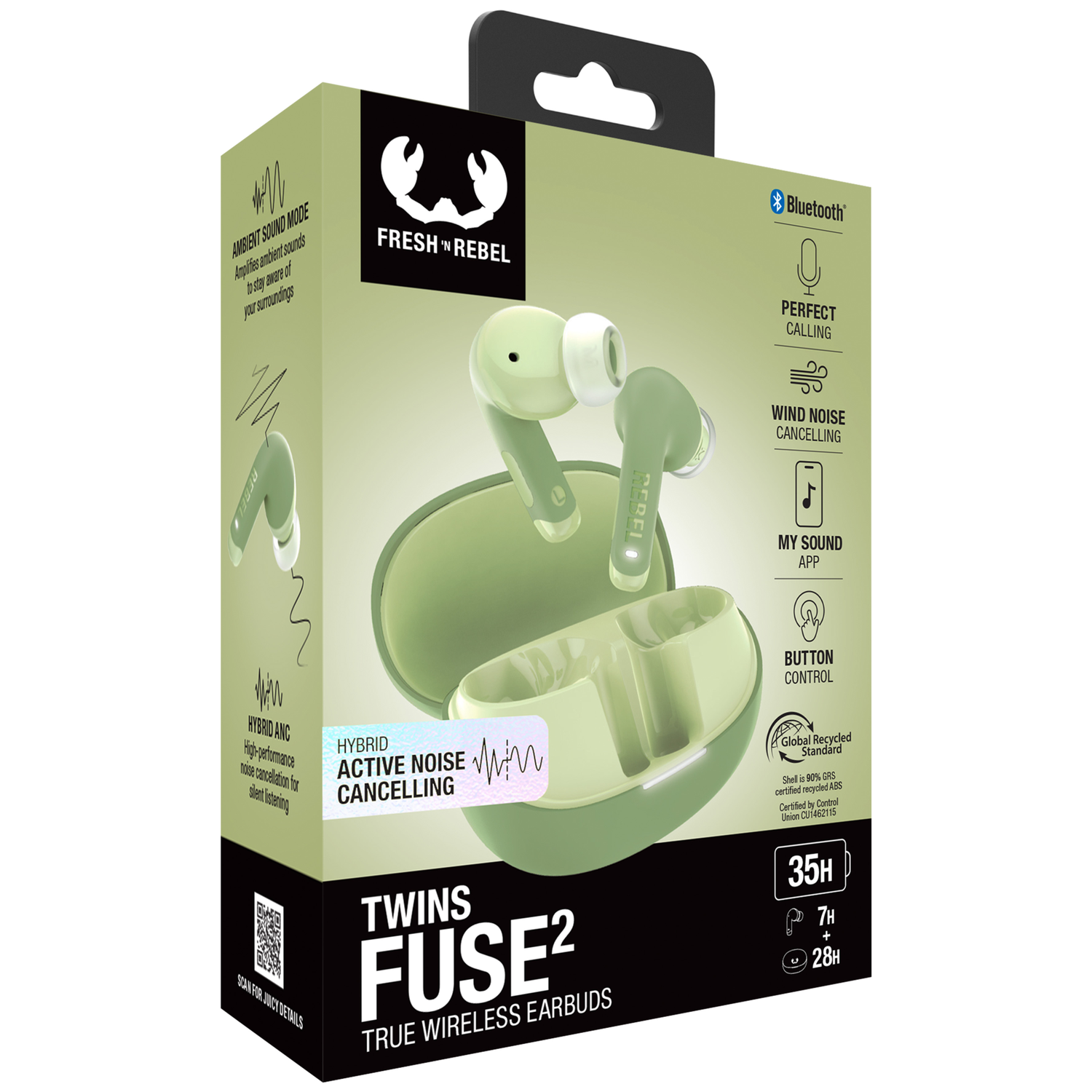 Green Fresh 'n Rebel Twins Fuse2 True Wireless earbuds in packaging showing features.