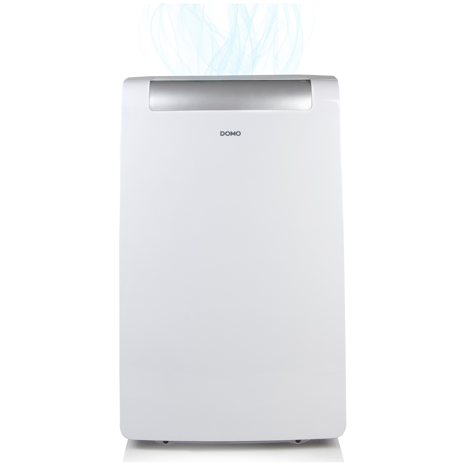 Een witte draagbare airconditioner koeler met blauwe dampstromen aan de bovenkant.