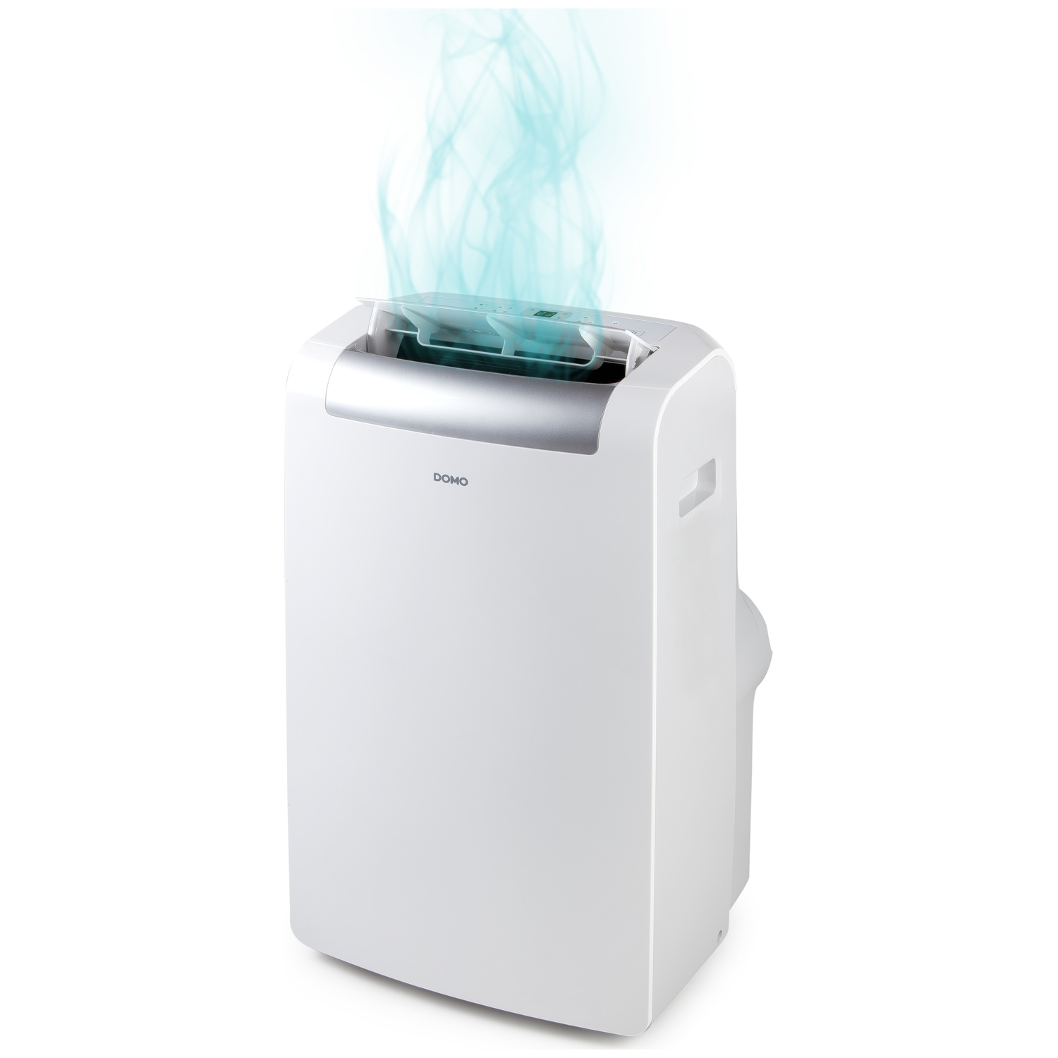 Een witte draagbare airconditioner met blauwe rook die uit de bovenkant komt.