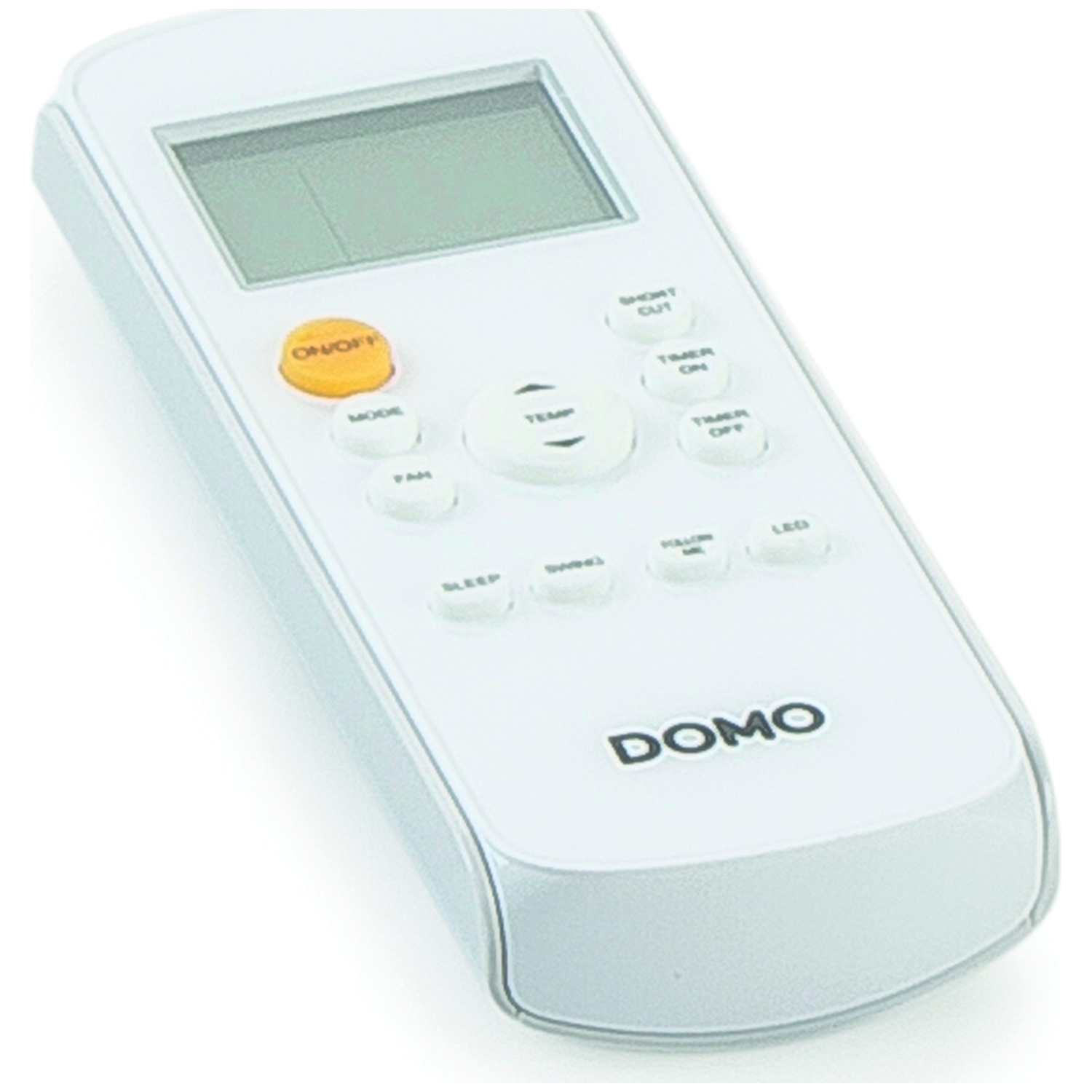 Een witte afstandsbediening met LCD-scherm en knoppen.