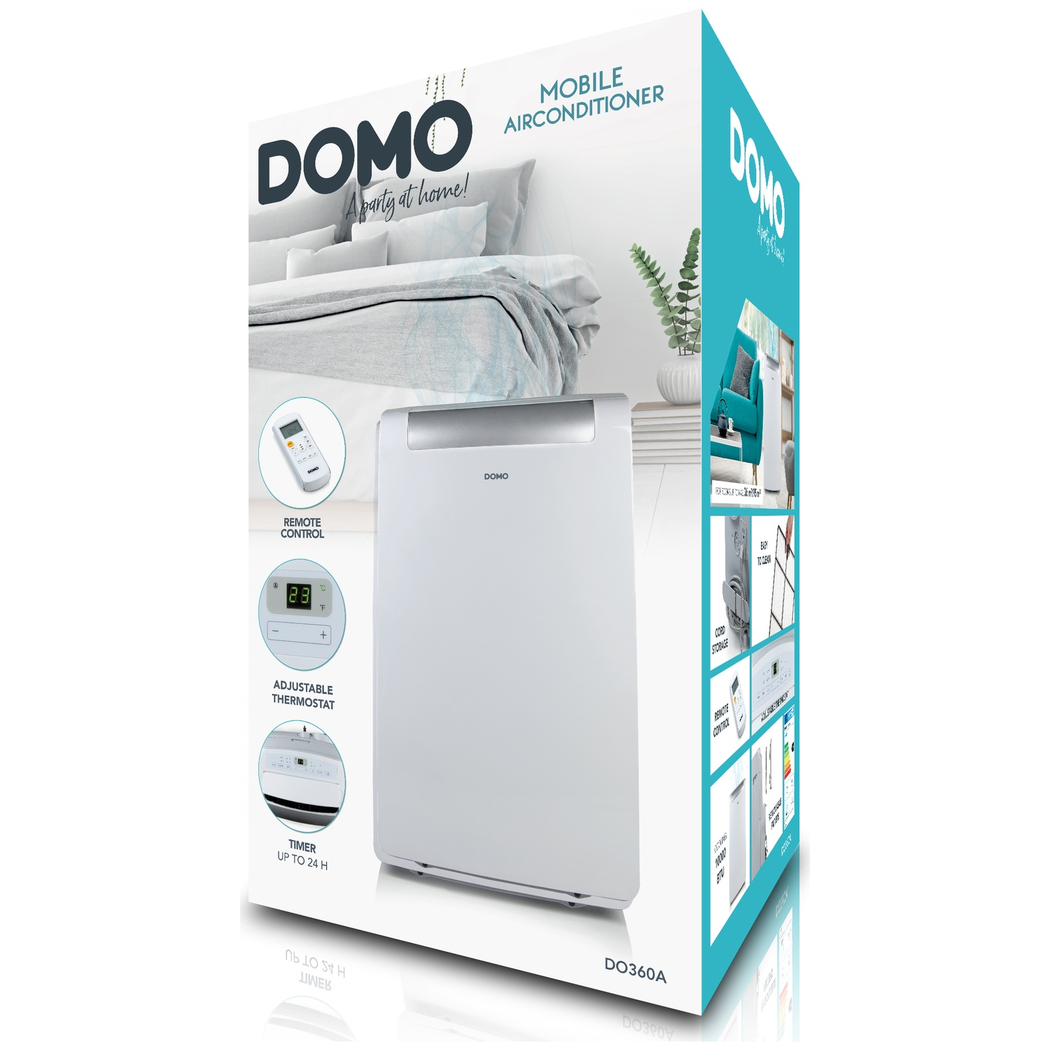 Een witte mobiele airconditioner met afstandsbediening, thermostaat en timer.