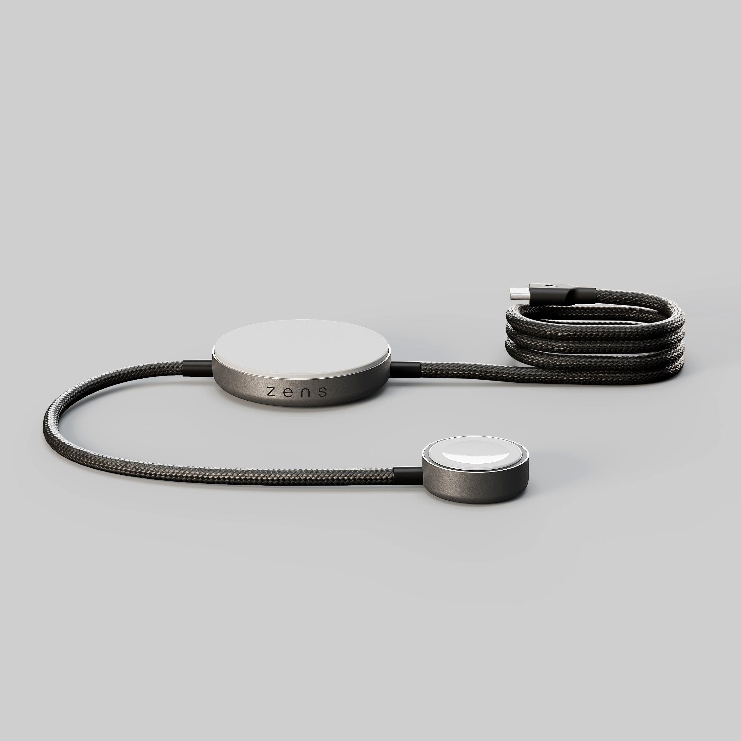 Ein weißes Ladekabel mit zwei runden Ladegeräten und einem USB-C-Anschluss.