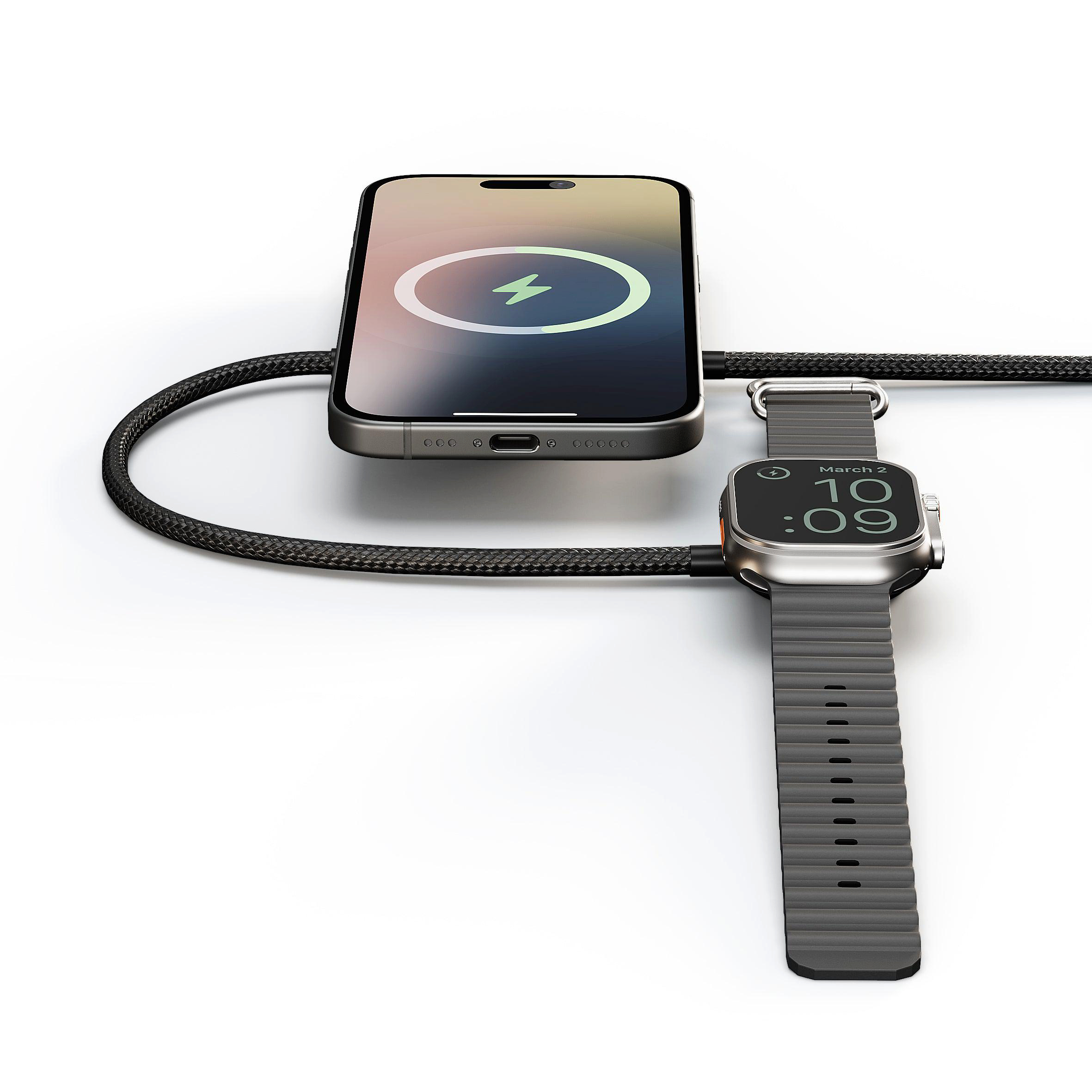 Ein Smartphone und eine Smartwatch werden gleichzeitig geladen.