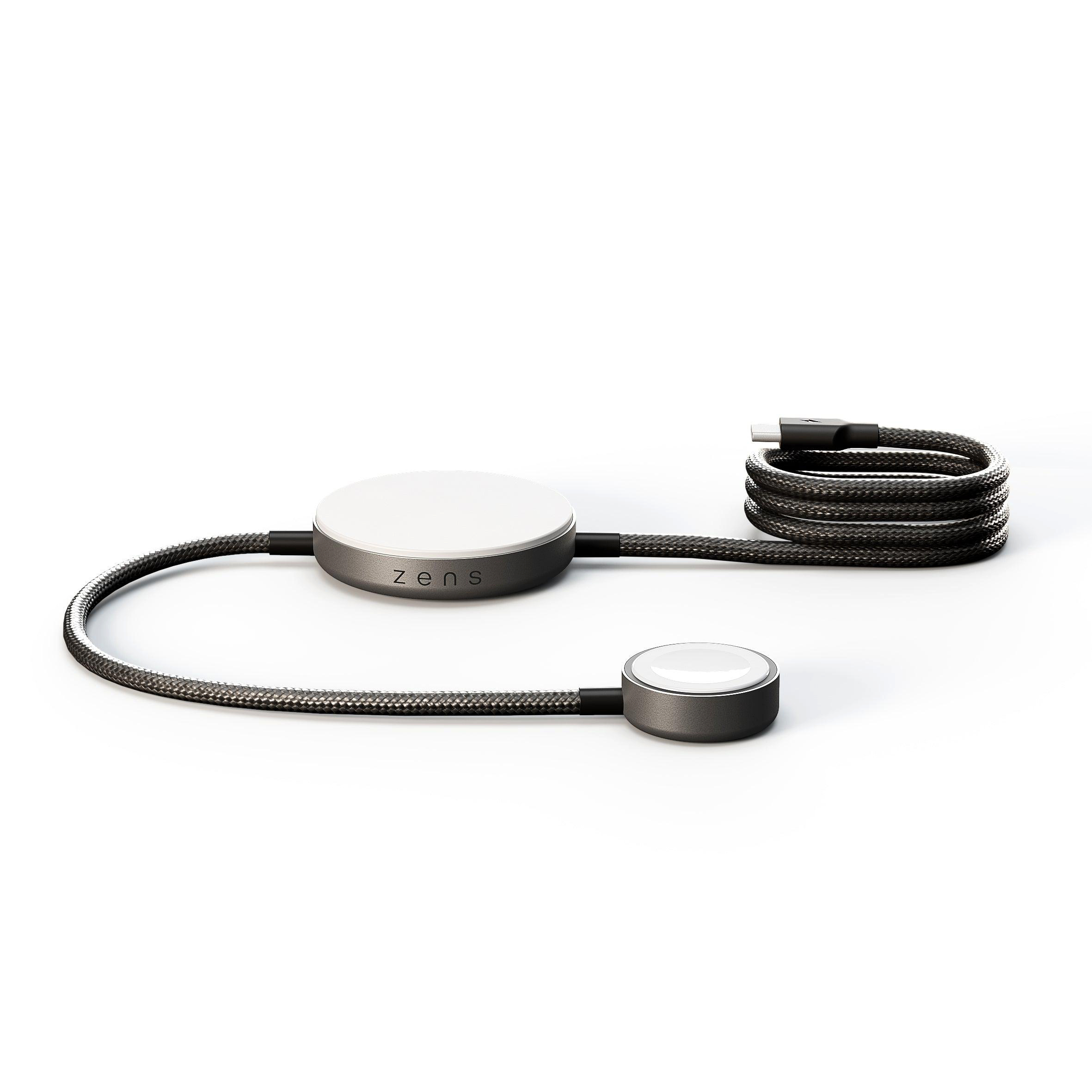Ein weißer und grauer Ladeadapter mit zwei runden Pads und einem geflochtenen Kabel.