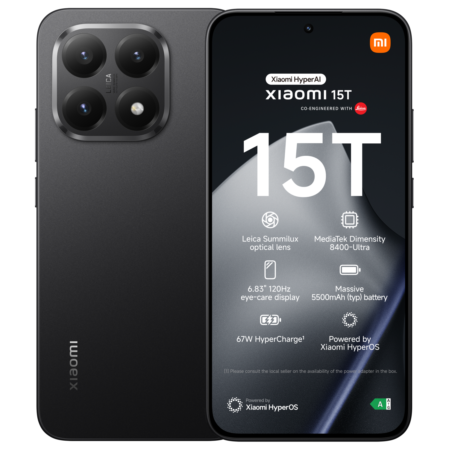 The Xiaomi 15T smartphone in black, featuring a Leica camera and specifications.