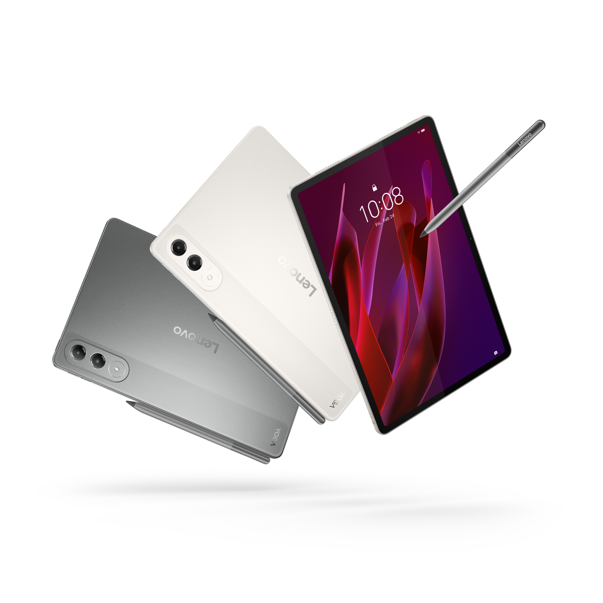 İki tablet, biri gümüş, biri beyaz, stylus ile siyah arka plan üzerinde.
