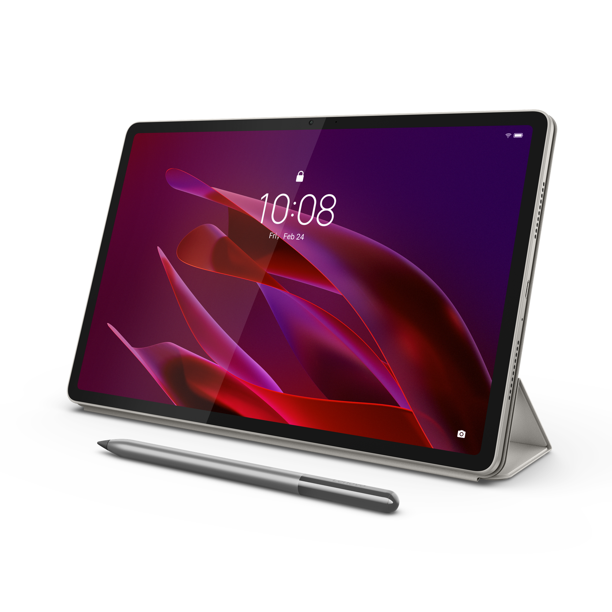 Gümüş tablet ve kalem, dikey modda, koyu soyut arka plana karşı.