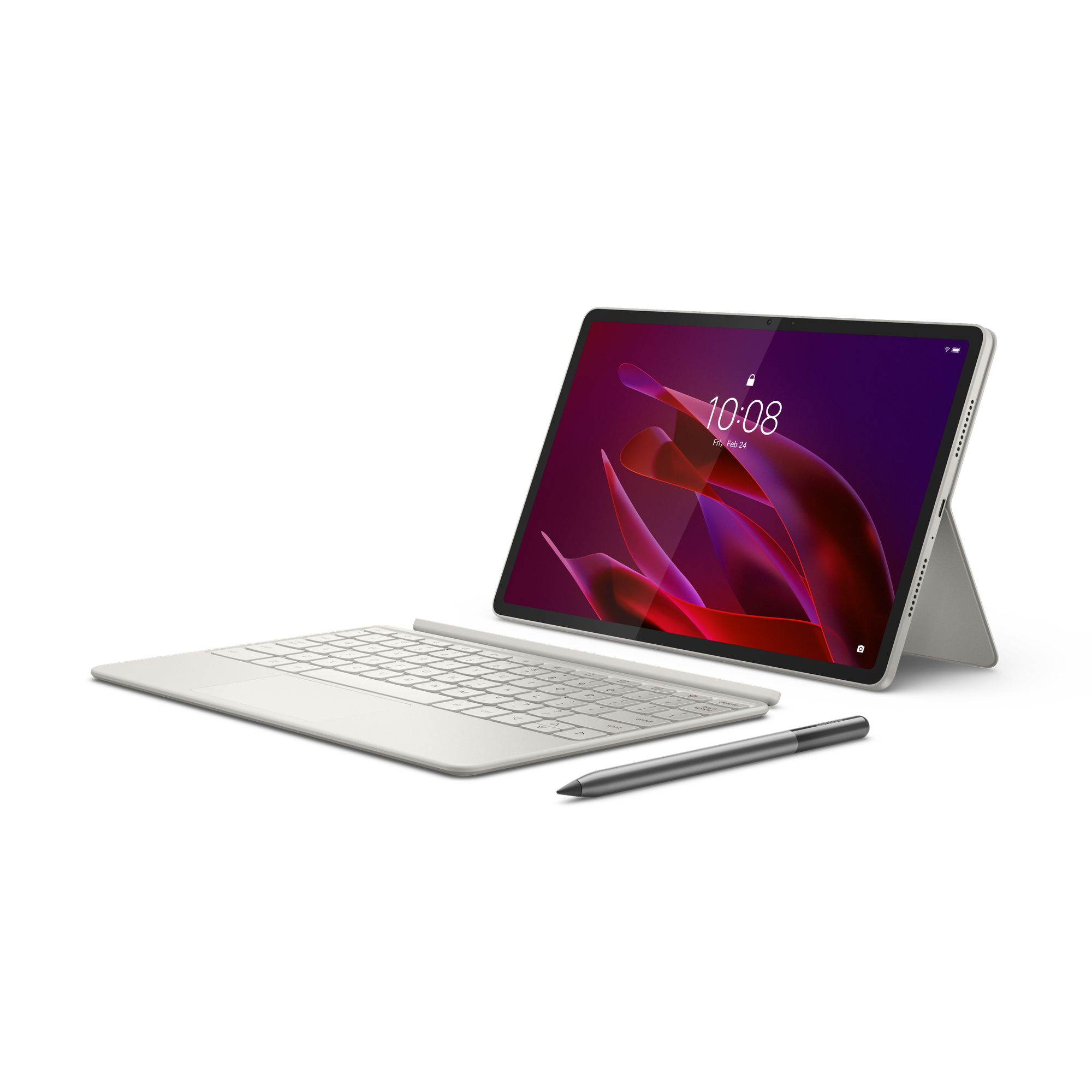 Siyah arka plan önünde klavye ve kalem bulunan gümüş tablet.