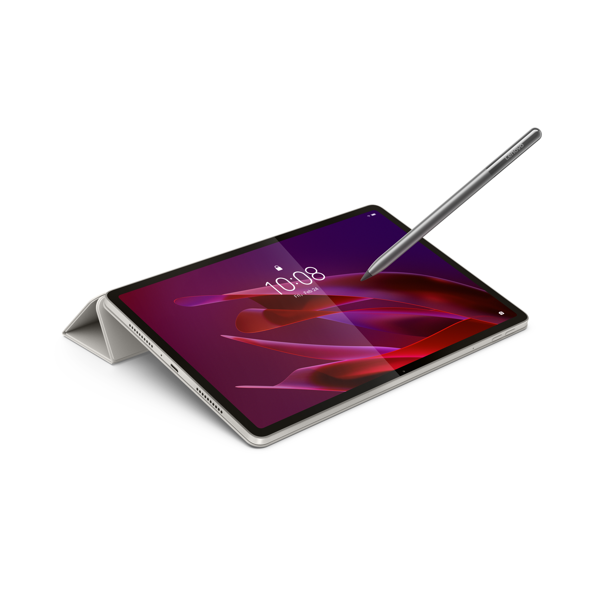 Gümüş kalemli tablet, kılıfı üzerinde. Ekran 10:08 gösteriyor.