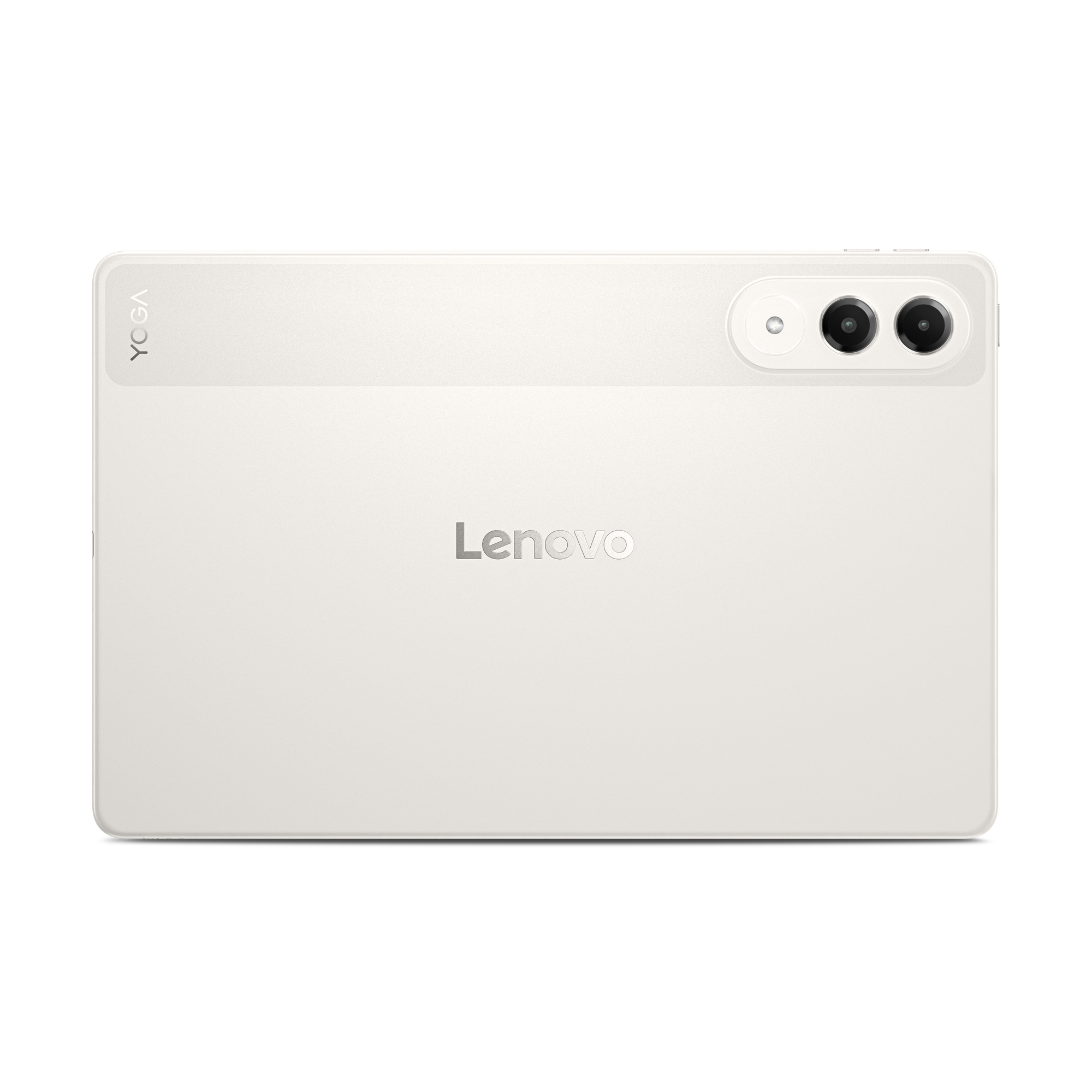 Lenovo logosu ve çift kameraya sahip beyaz Lenovo Yoga tabletin arkası.