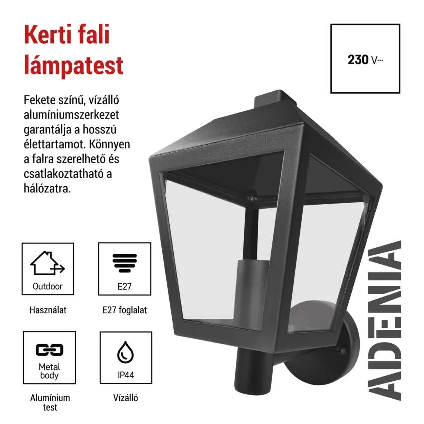 Fekete, vízálló alumínium fali lámpa E27 foglalattal.