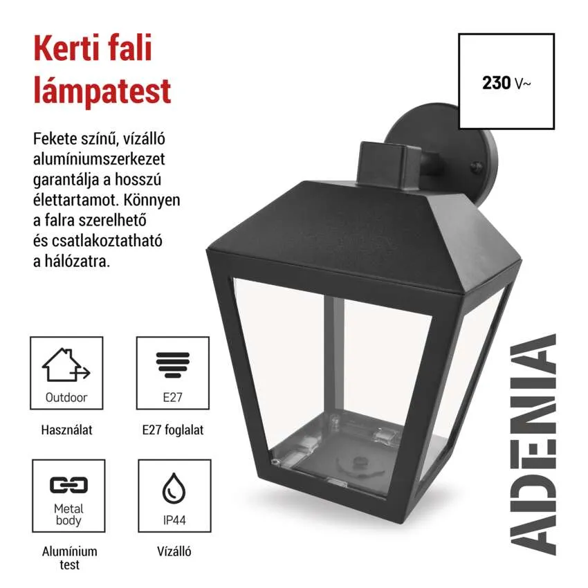 Fekete, vízálló kültéri fali lámpa alumínium házzal és E27 foglalattal.