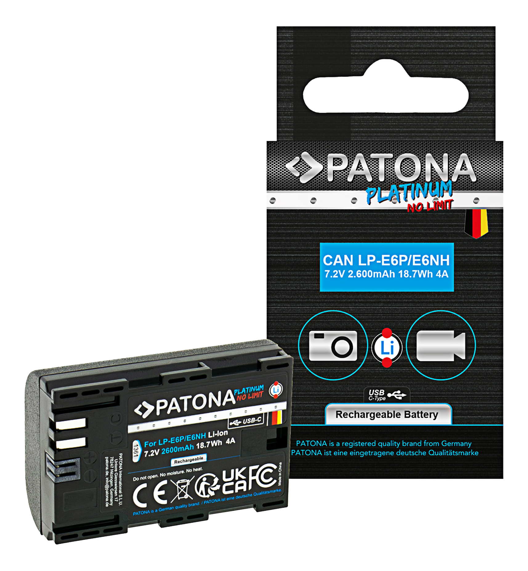 PATONA Akku: CAN LP-E6P/E6NH, 7.2V 2600mAh, wiederaufladbar, mit Kamera- und Videosymbolen.