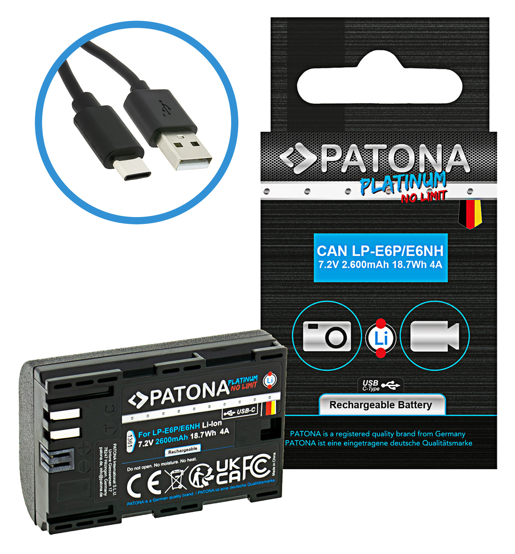 PATONA Akku und USB-C Ladekabel. Akku für Kameras, Ladekabel mit USB-A und USB-C Stecker.
