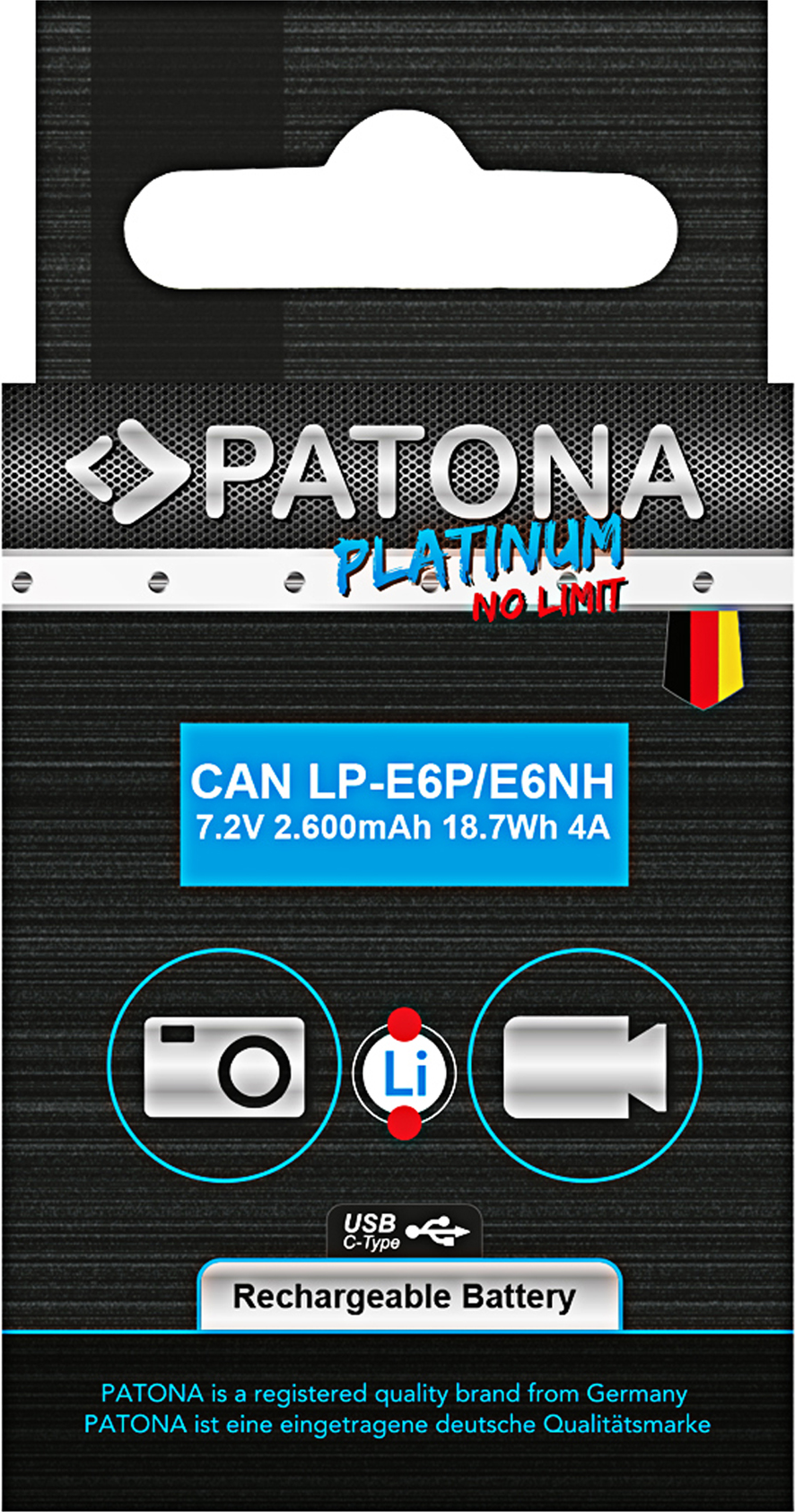 PATONA Akku: Kamera, Li, Camcorder. 7.2V 2600mAh. USB C-Type.
