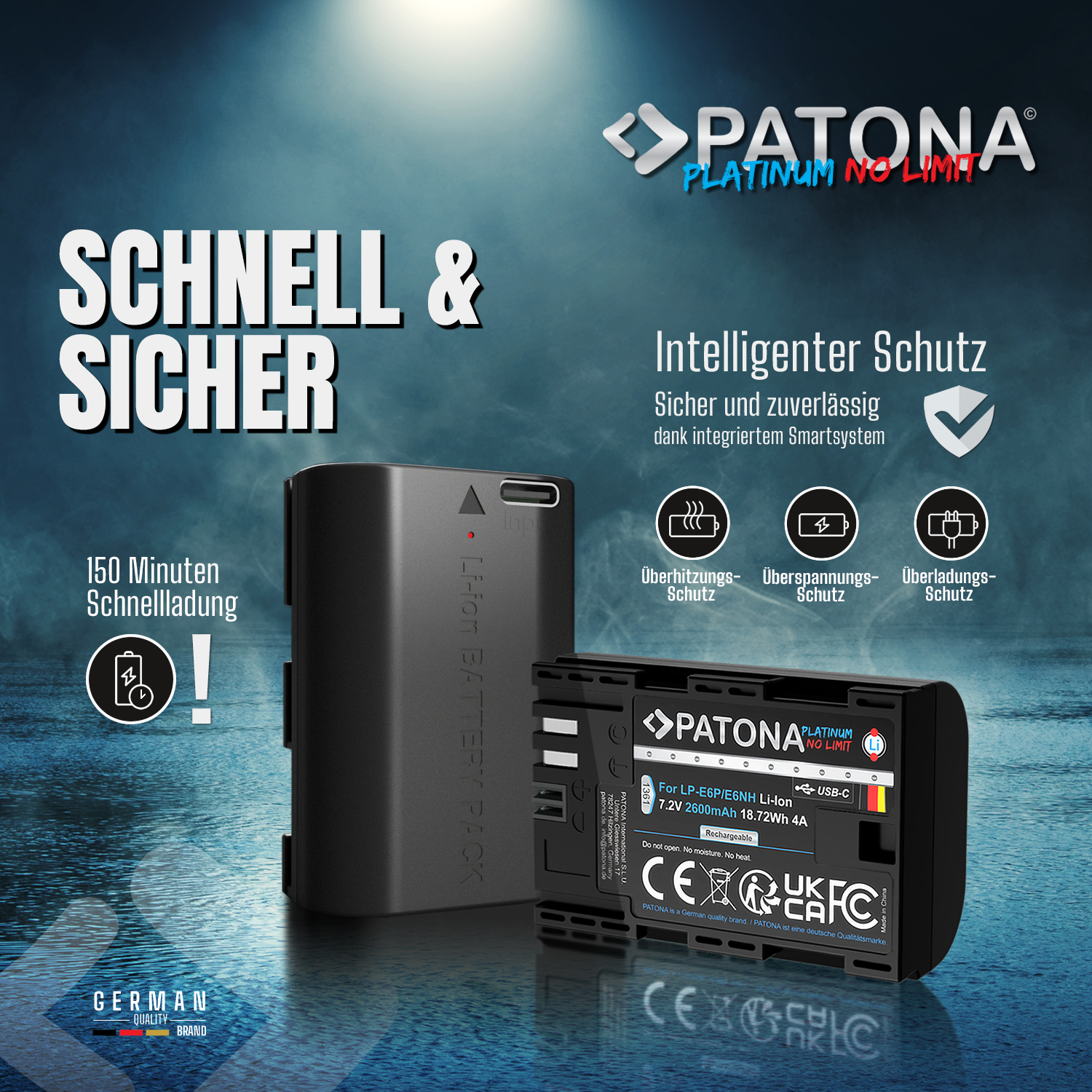 Zwei schwarze PATONA Akkus mit Schnellladung und intelligentem Schutz.