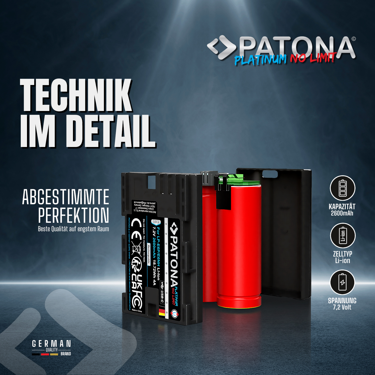 Zwei rote Li-Ion-Akkus in einem schwarzen Gehäuse mit technischen Details.