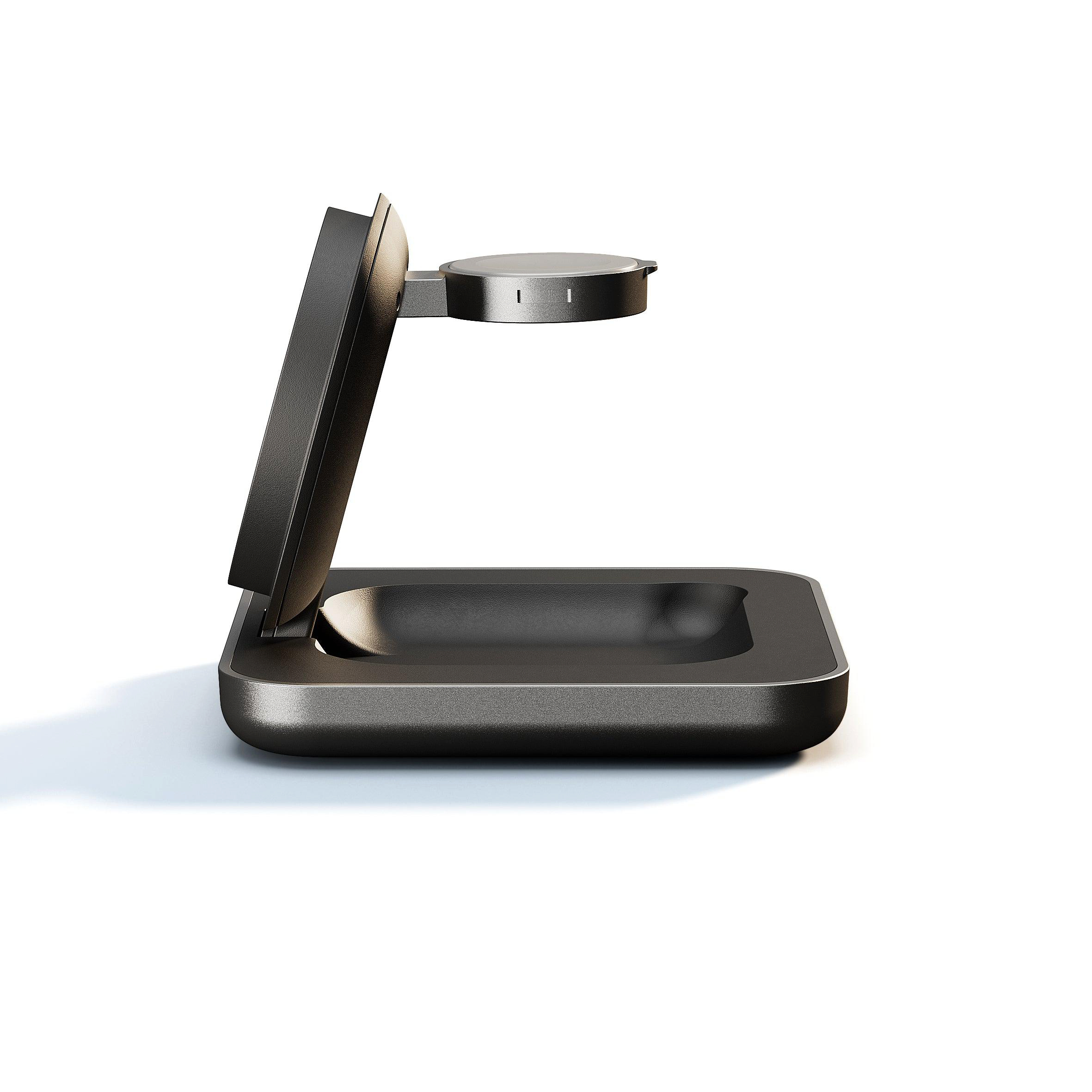 Ein schwarzes Lade-Dock für ein Smartphone auf weißem Hintergrund.