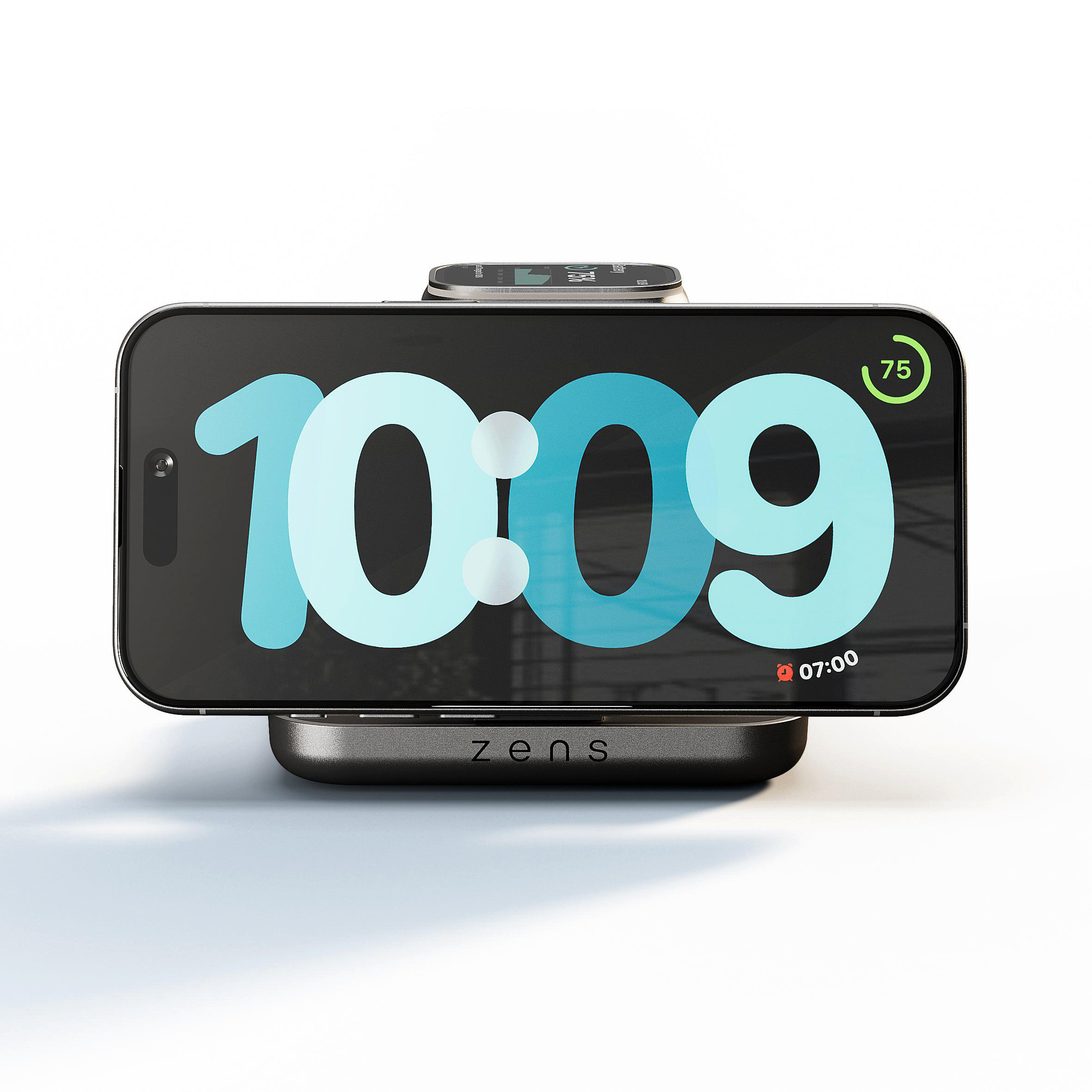 Ein Smartphone mit dem Zens-Logo lädt auf einer Ladestation.