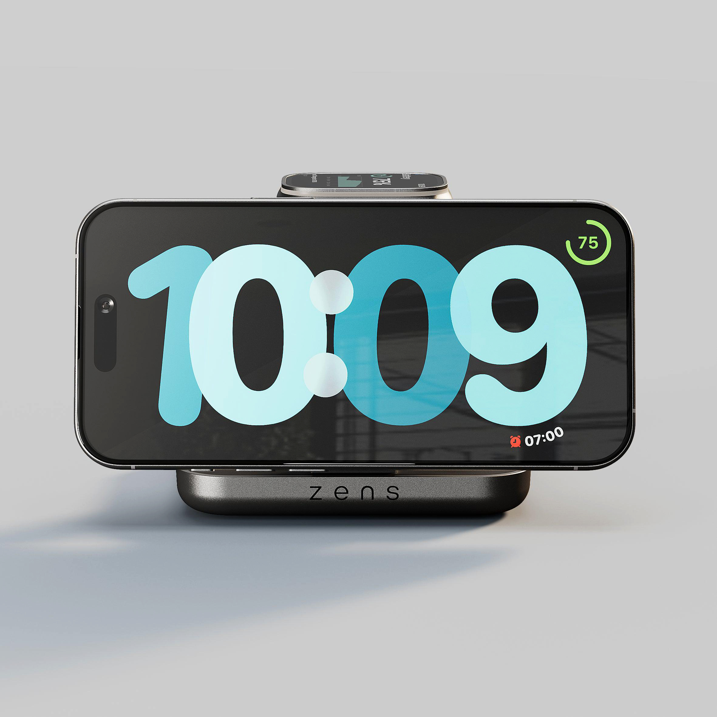 Ein Smartphone und eine Smartwatch auf einem Ladegerät. Uhrzeit 10:09.