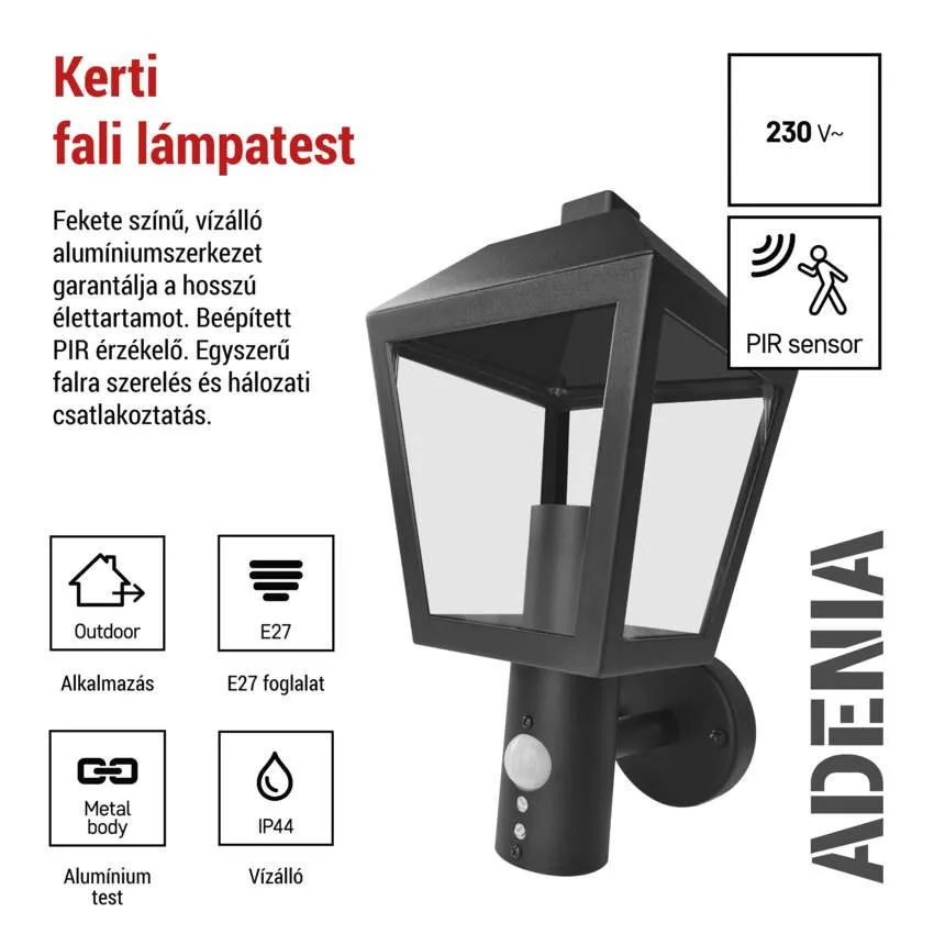 Fekete, vízálló alumínium fali lámpa PIR-érzékelővel.