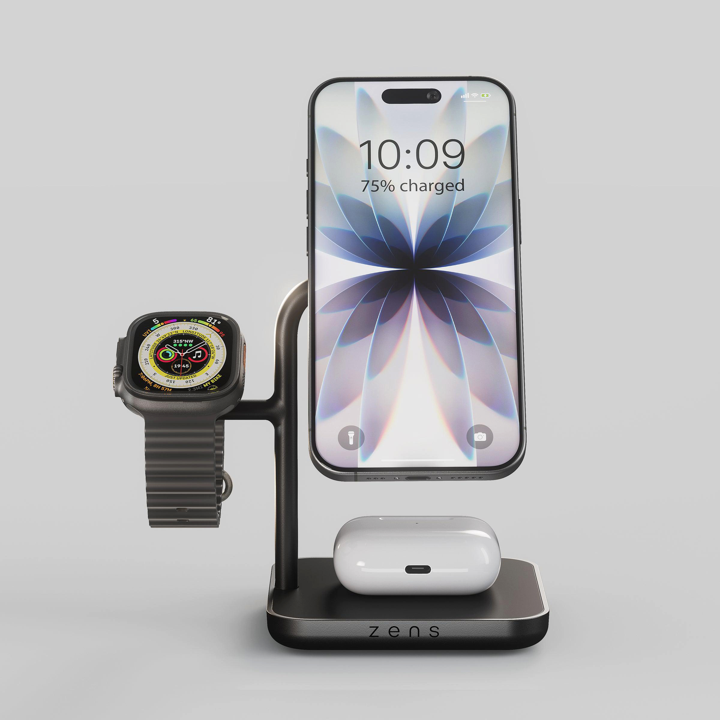 Ein schwarzer Ladeständer mit einem iPhone, einer Apple Watch und AirPods Pro.
