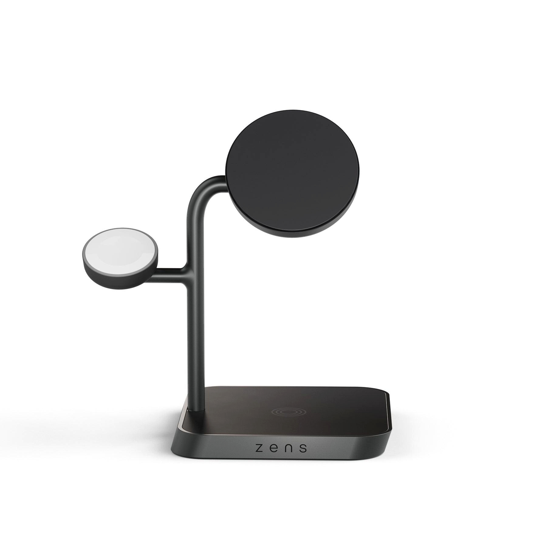 Schwarzes Ladegerät mit kreisförmiger Halterung für ein Handy und einer für eine Smartwatch.