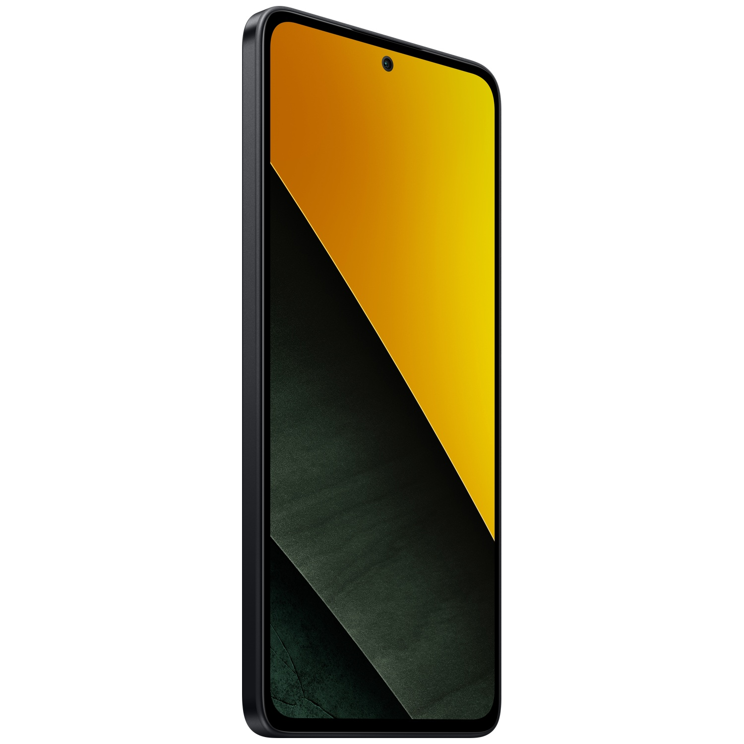 Een zwarte smartphone met een display dat half geel en half donkergroen is.