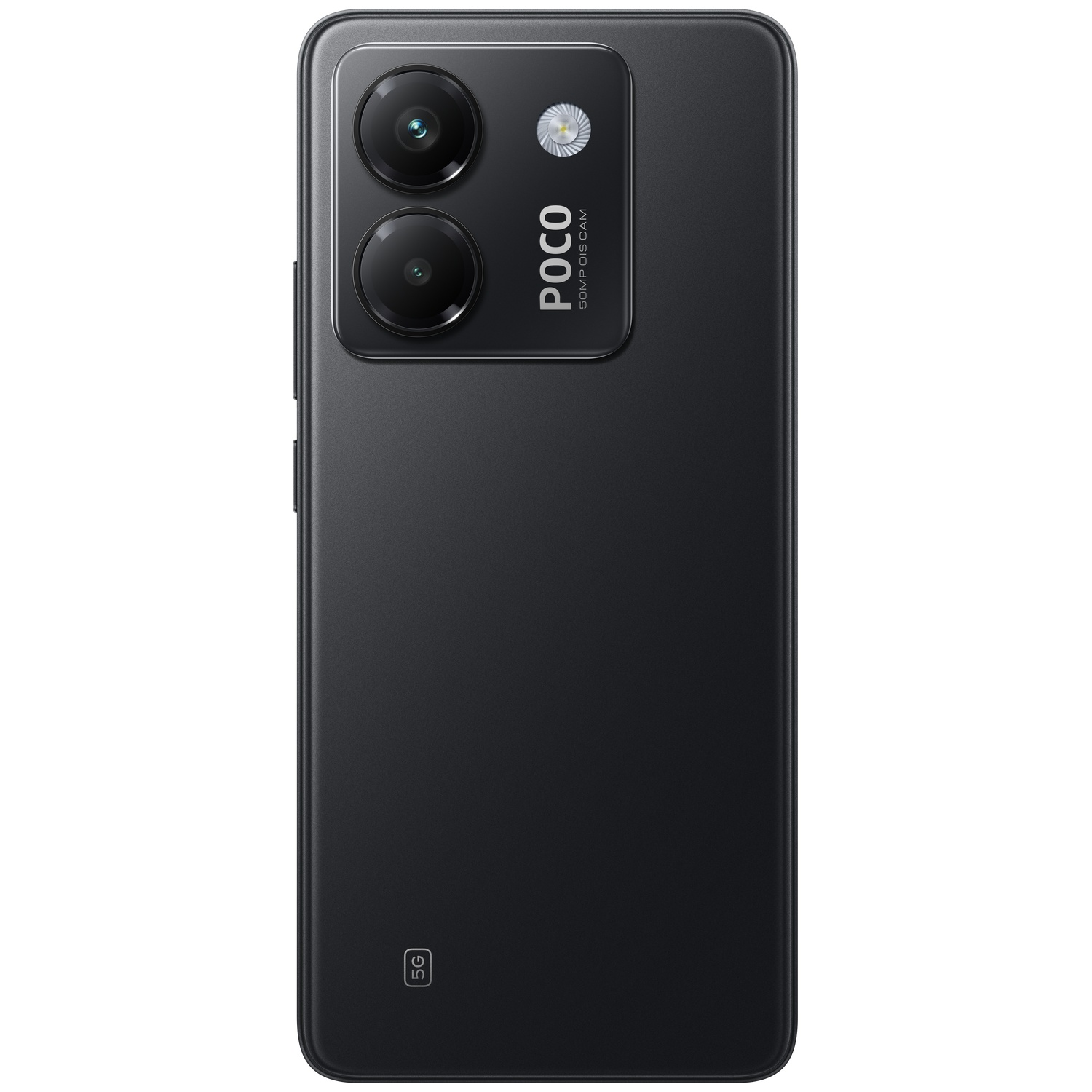 Zwarte smartphone met POCO-logo en 5G-symbool. Twee cameralenzen bovenaan.