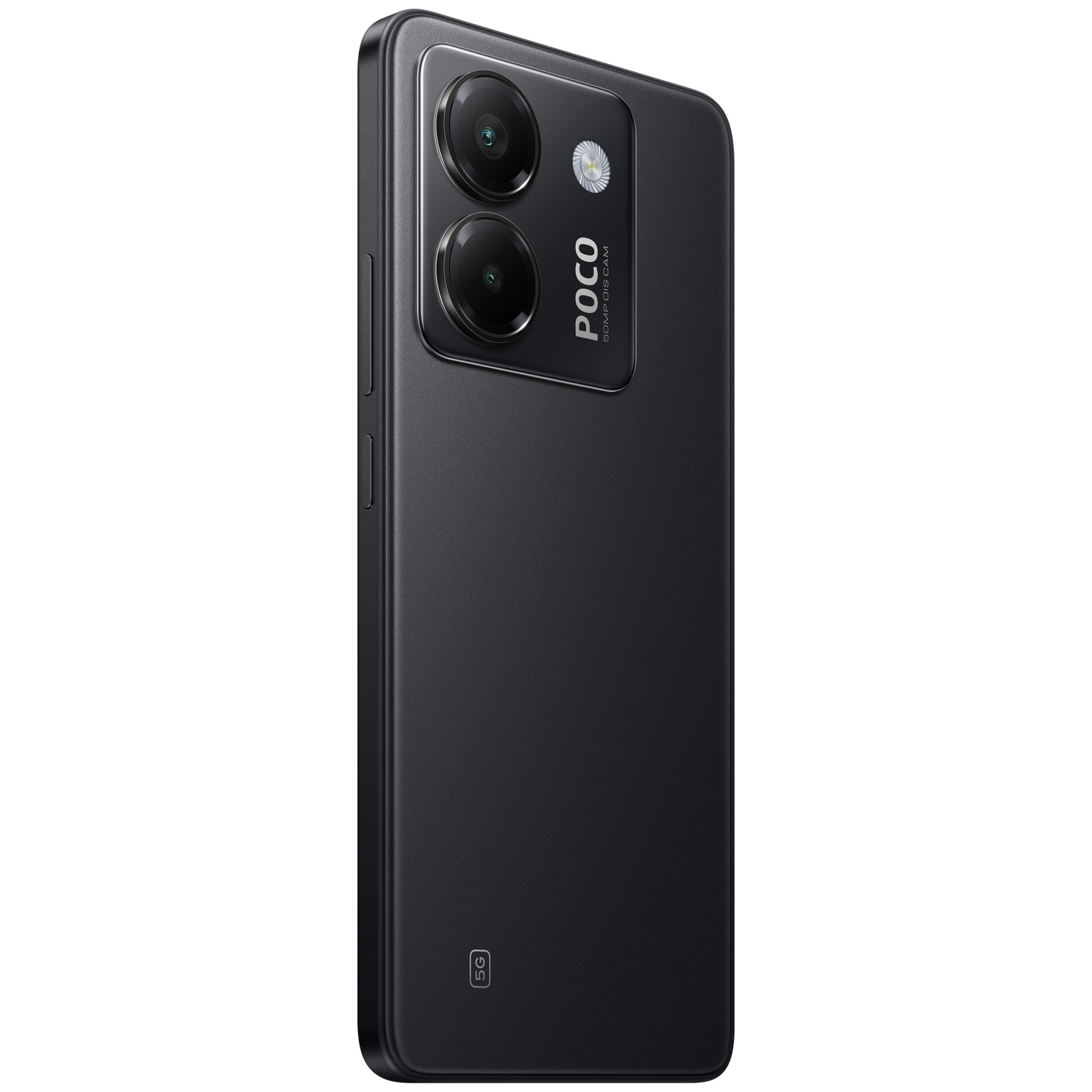 Zwarte smartphone met POCO-logo, twee camera's en 5G-symbool.