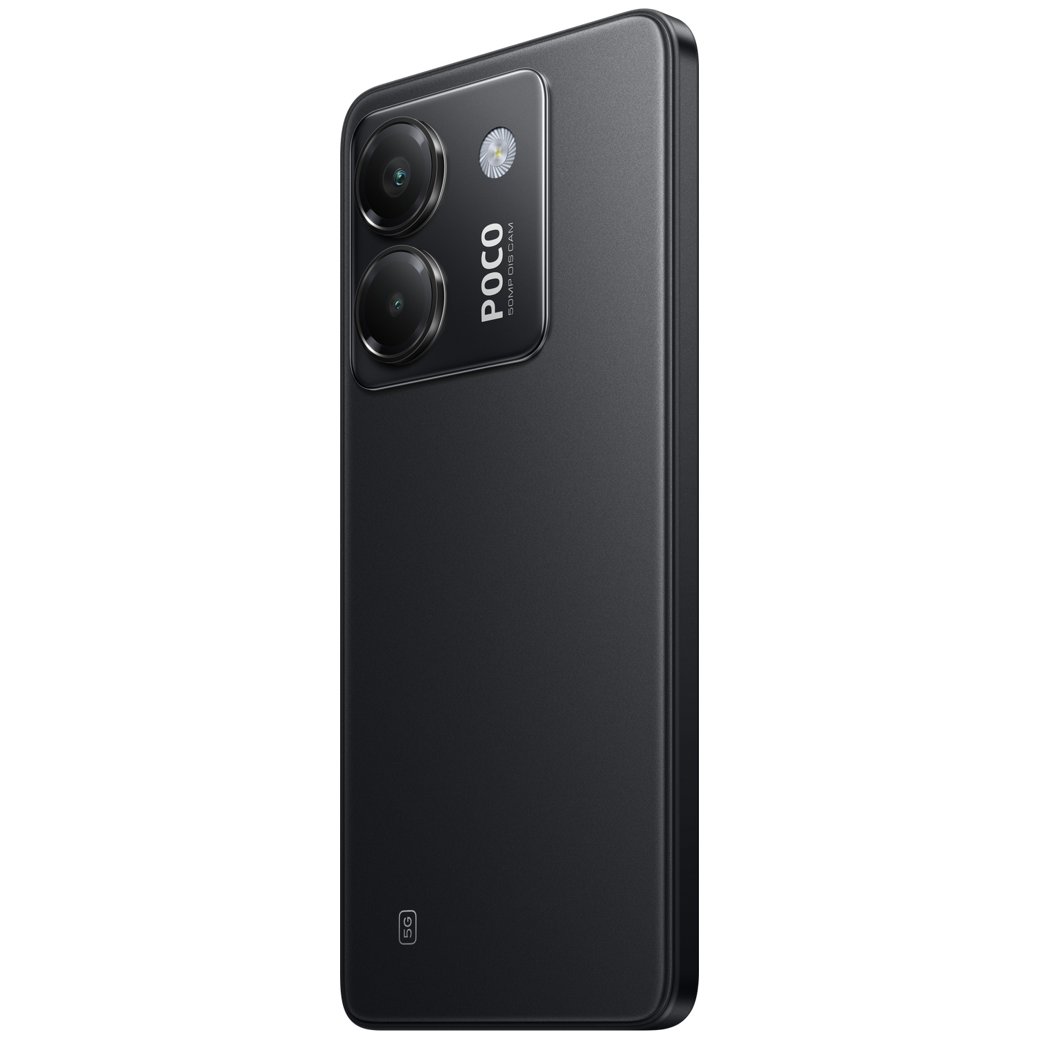 Zwarte smartphone met dubbele camera en 5G-logo.
