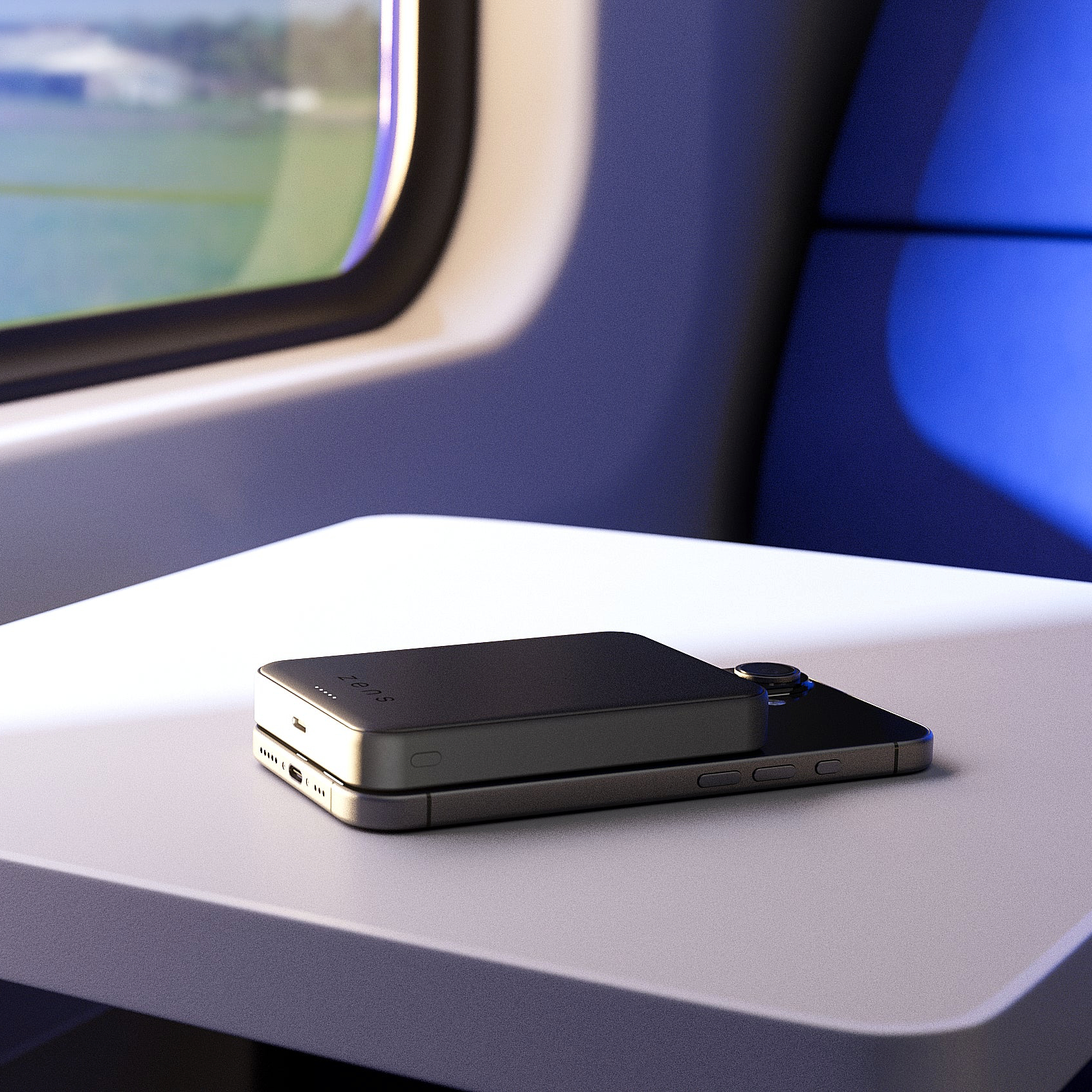 Ein schwarzes Smartphone liegt auf einem Tisch, mit einem schwarzen Ladegerät darauf.