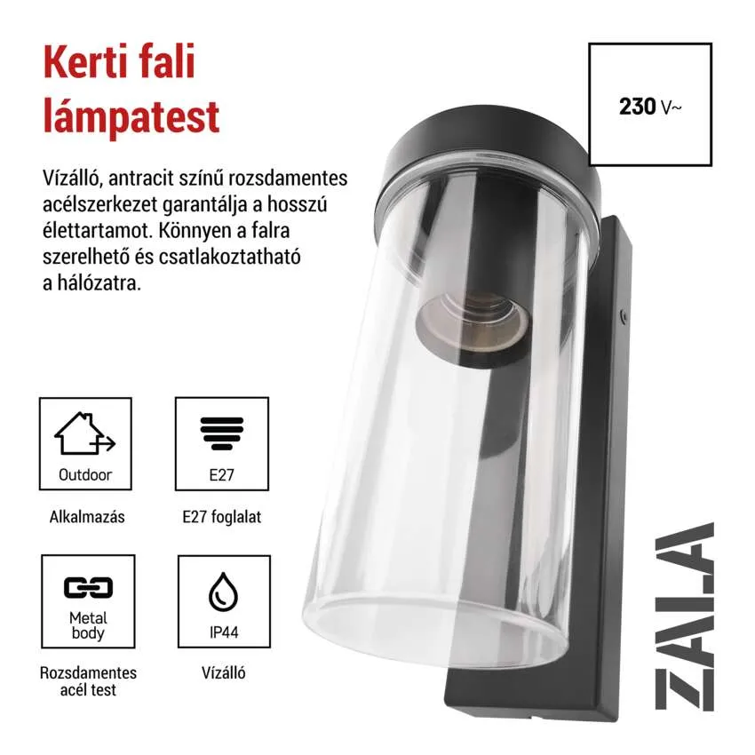 Fekete kültéri falilámpa üveghengerrel, E27 foglalat, IP44, 230V.