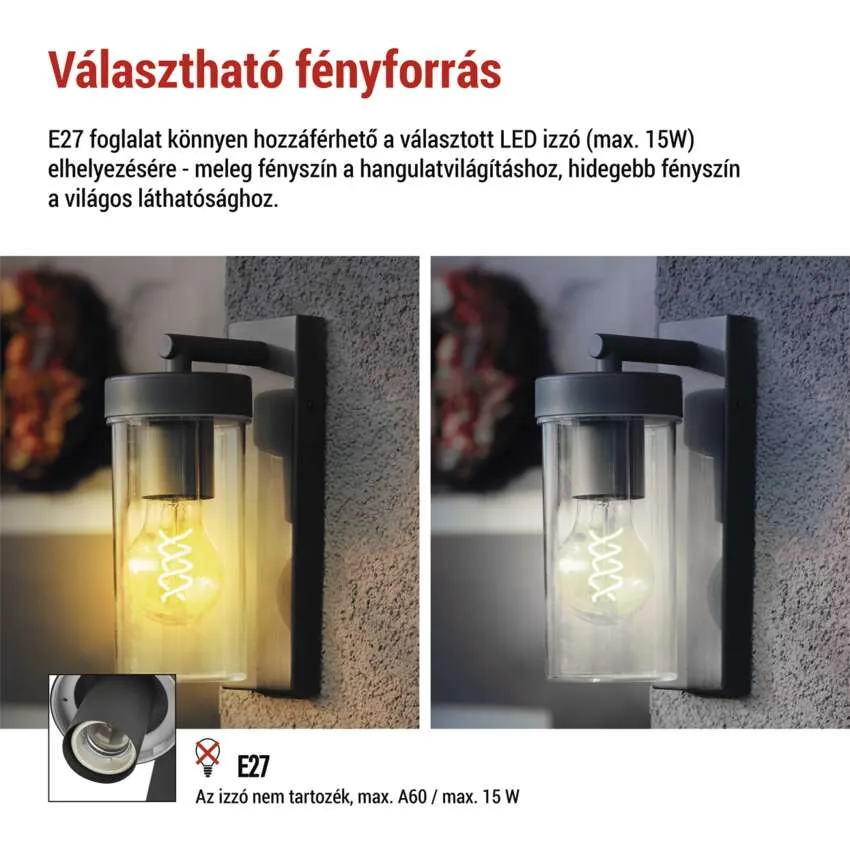 Két falilámpa üveghengerrel és E27 foglalattal. Bal oldalon meleg fény, jobb oldalon hideg.