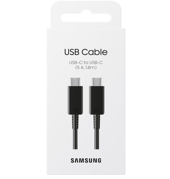 Samsung USB-C kablo ambalajı (5A, 1.8m) iki USB-C konektörü gösteriyor.