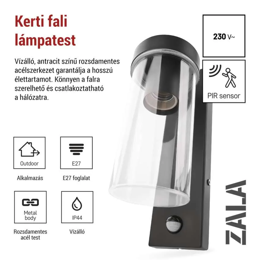 Fekete kültéri fali lámpa üveghengerrel, PIR-érzékelővel, E27 foglalattal.
