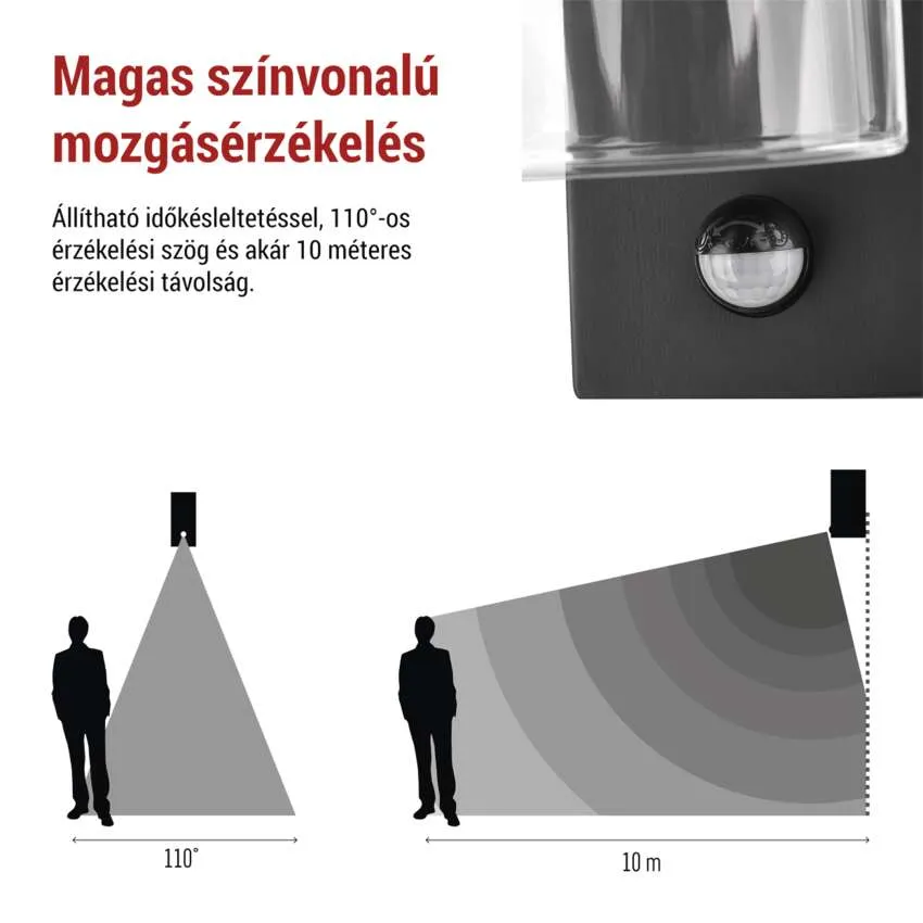 Mozgásérzékelő 110° látószöggel és 10m hatótávolsággal.