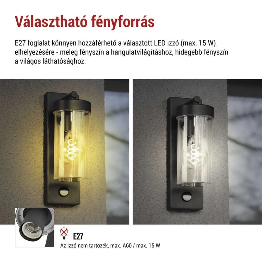 Két falikar átlátszó üveg búrával, az egyik meleg, a másik hideg fénnyel világít.