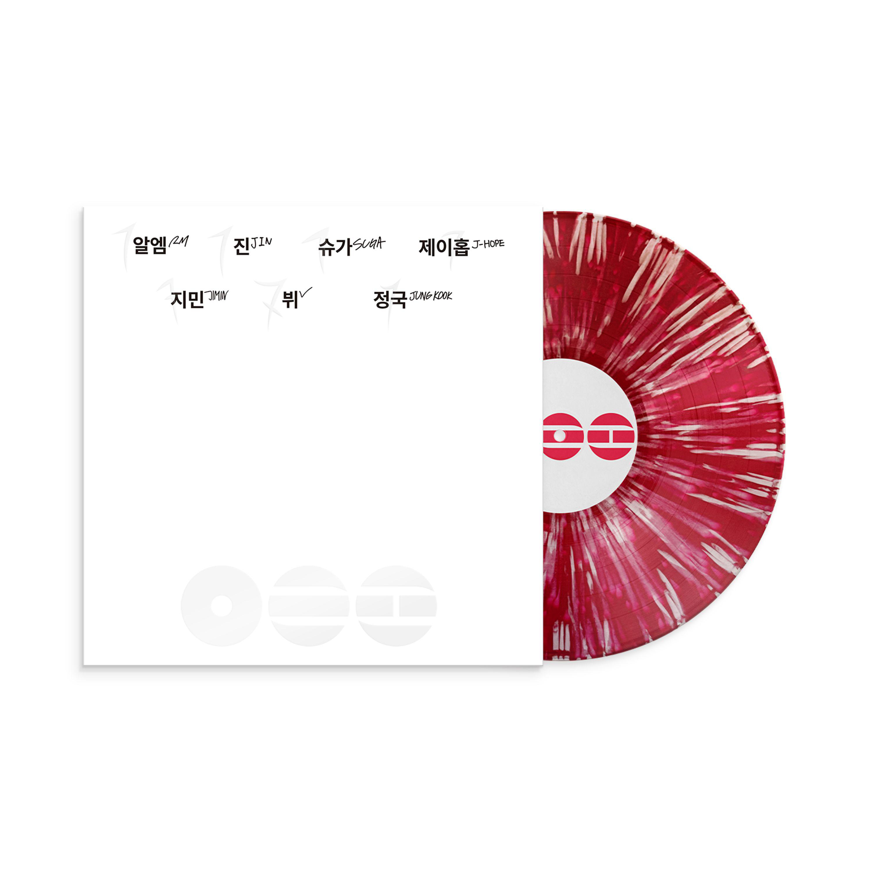 Ein Schallplatten-Cover mit Bandnamen und einer roten Schallplatte mit weißen Sprenkeln.