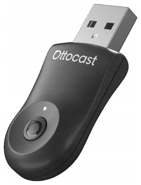 Czarny klucz USB Ottocast z przyciskiem i niebieską diodą LED.