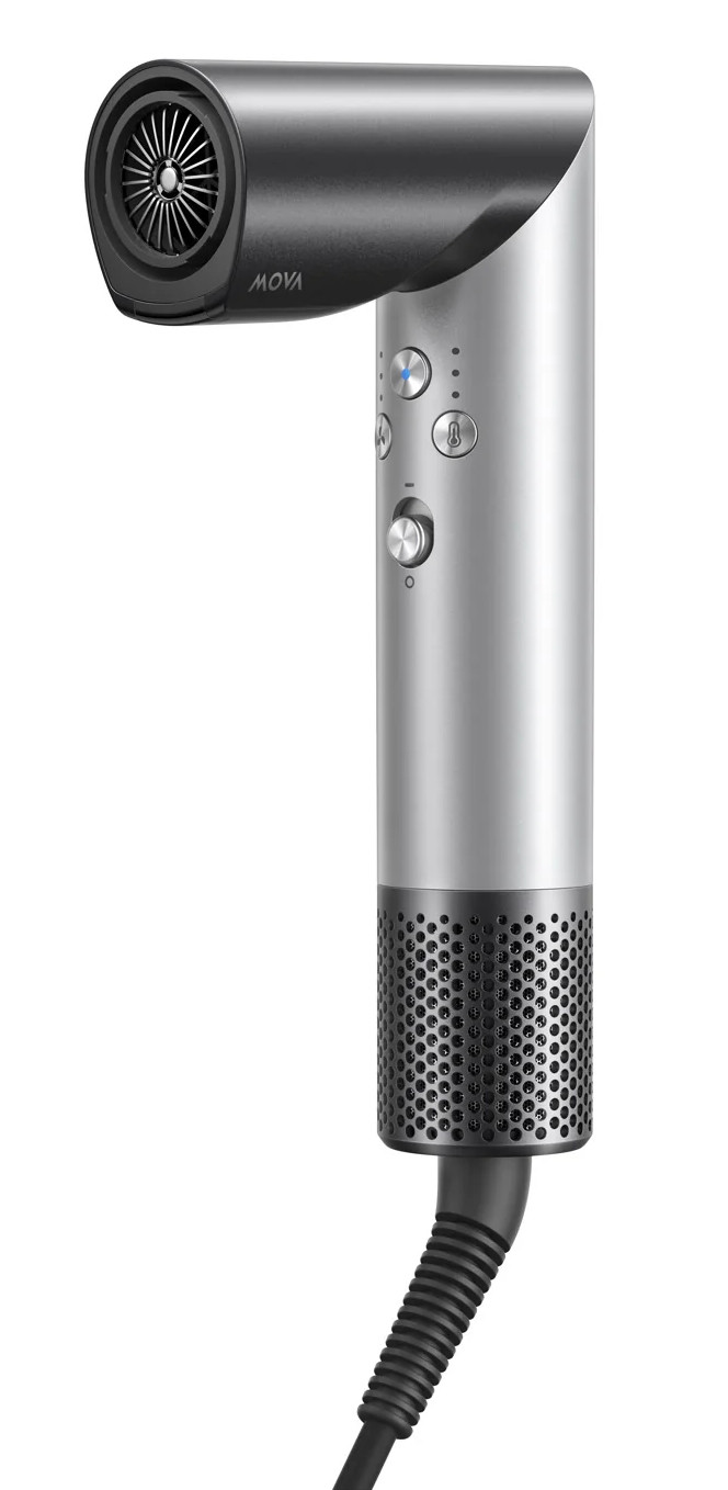 Srebrna suszarka do włosów z czarnym uchwytem i przyciskami.