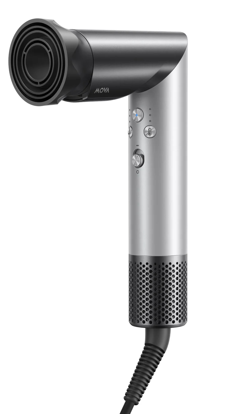 Srebrna i czarna suszarka do włosów z logo MOVA i przyciskami.