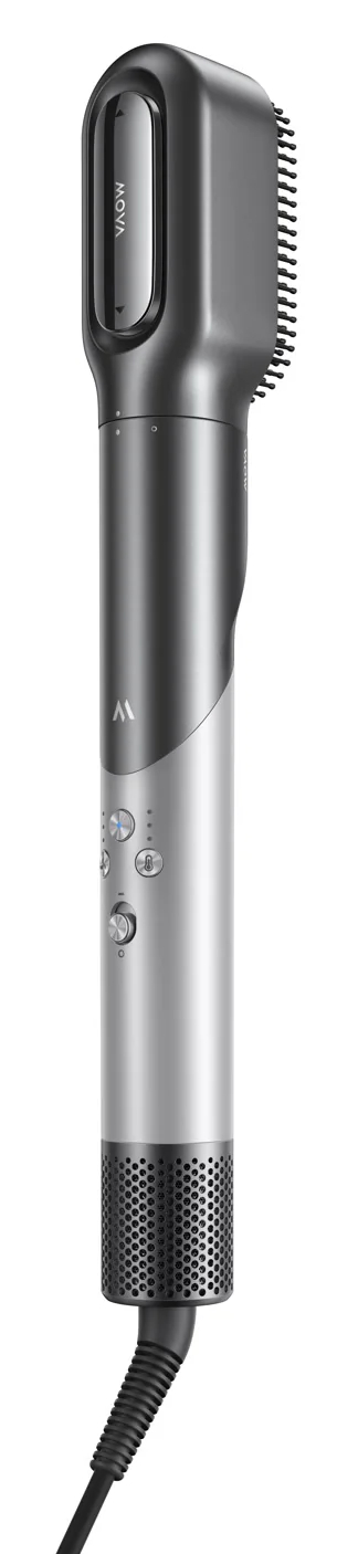 Srebrno-czarna suszarka do włosów z nasadką szczotkową i elementami sterującymi.