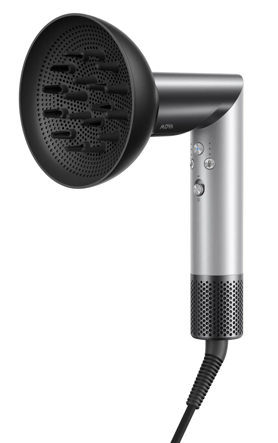 Srebrno-czarna suszarka do włosów z dyfuzorem na białym tle.