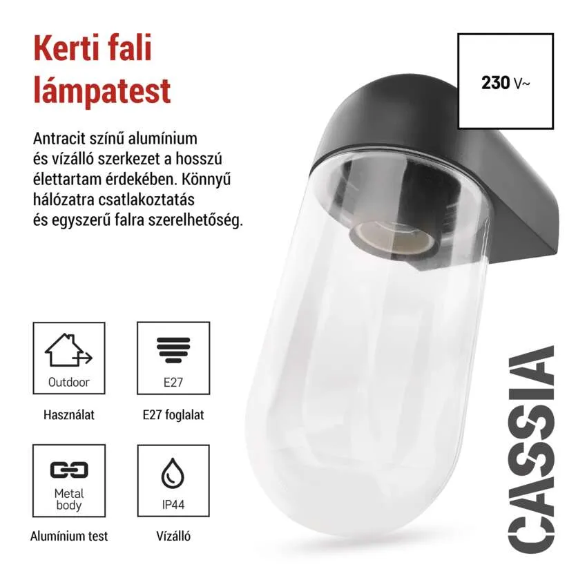 Szürke kültéri fali lámpa átlátszó üveggel, E27 foglalattal.