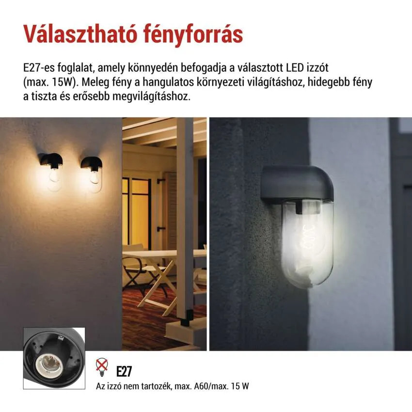 Két kültéri fali lámpa E27 foglalattal és izzókkal.