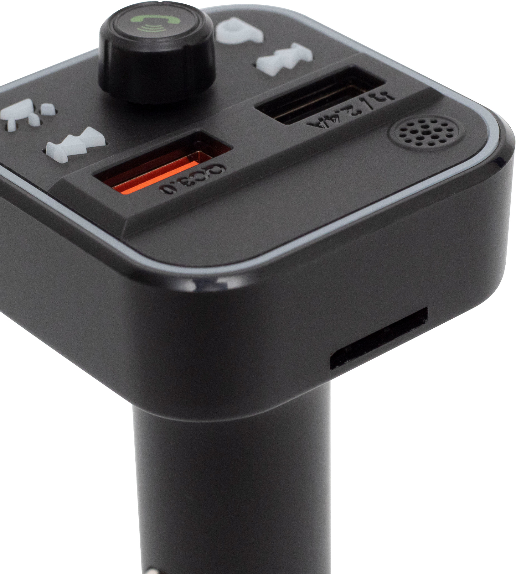 Fekete autós töltő USB-portokkal és hívás ikonnal.