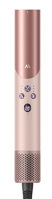 Suszarka do włosów w kolorze różowego złota z przyciskami sterującymi i perforowanym końcem.