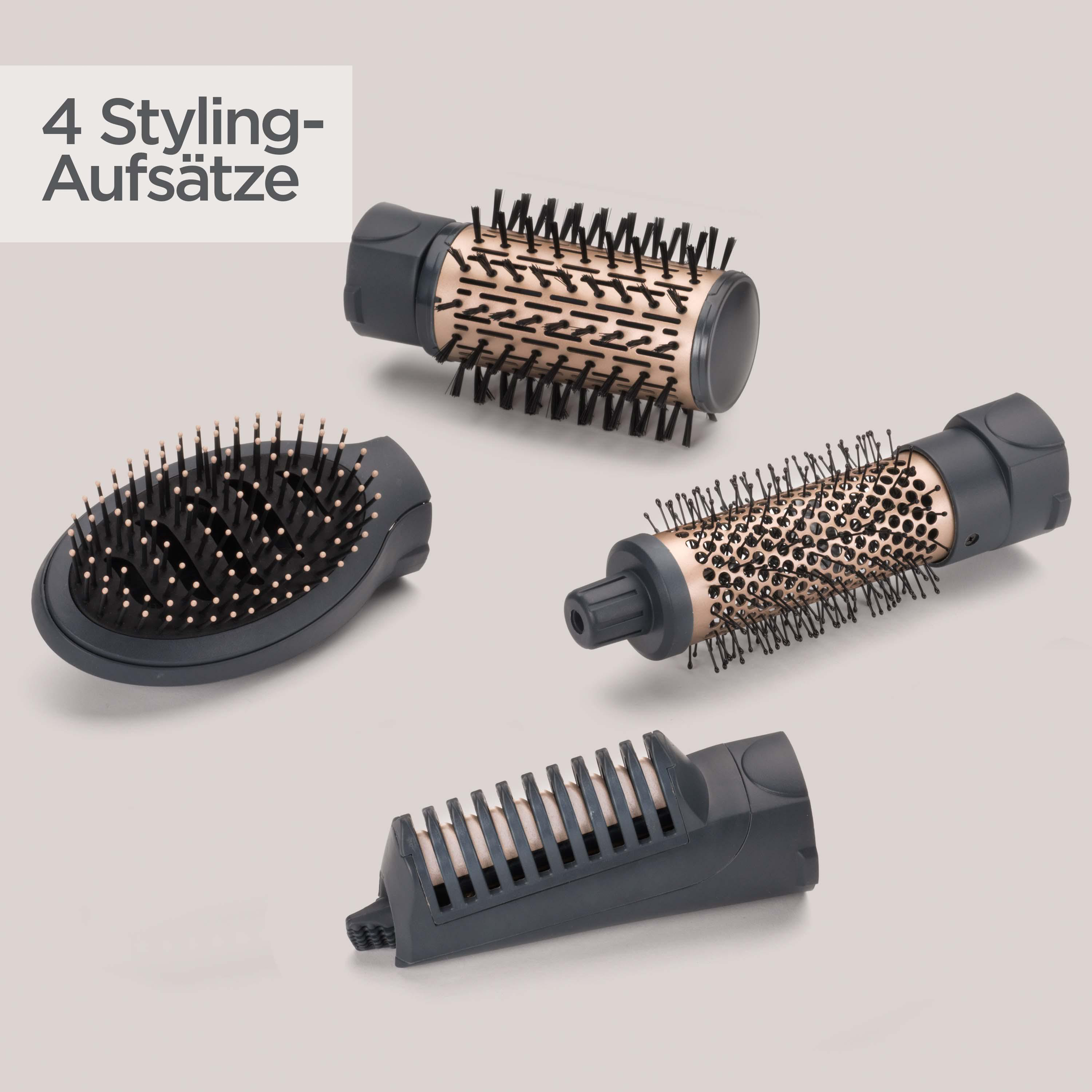 Vier Stylingaufsätze für Haare: Rundbürste, Paddelbürste, Lockenaufsatz.